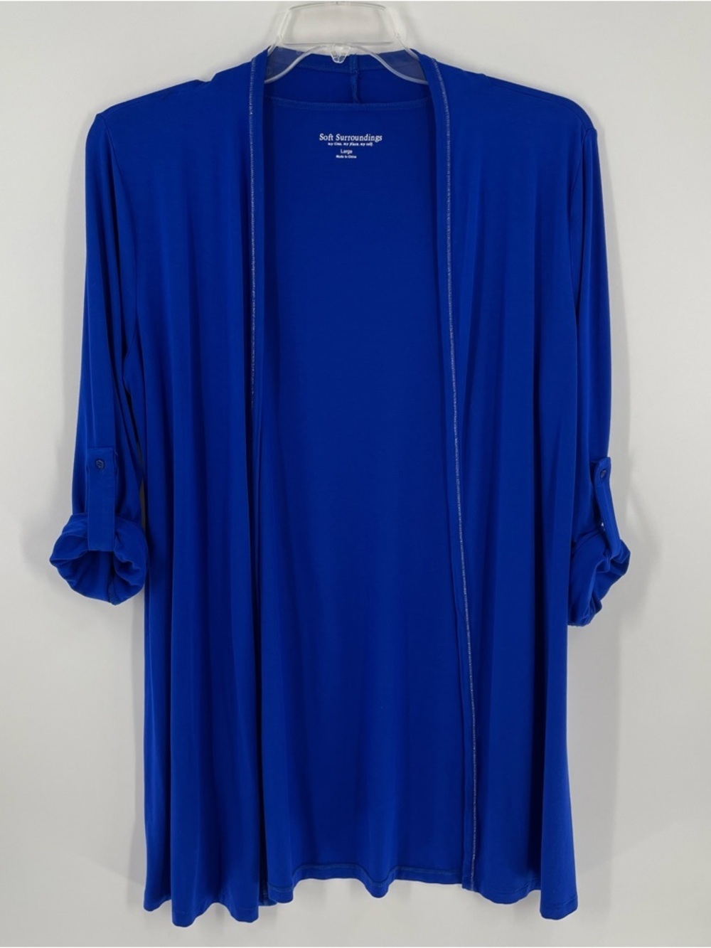 Soft Surroundings Royal Blue Roll Tab Sleeves Silver Metallic Accent Cardigan